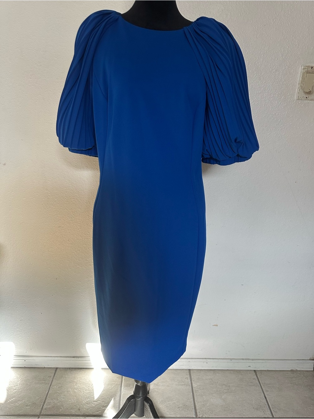 Calvin Klein Cobalt Blue Midi Dress with Pleated Puff Sleeves